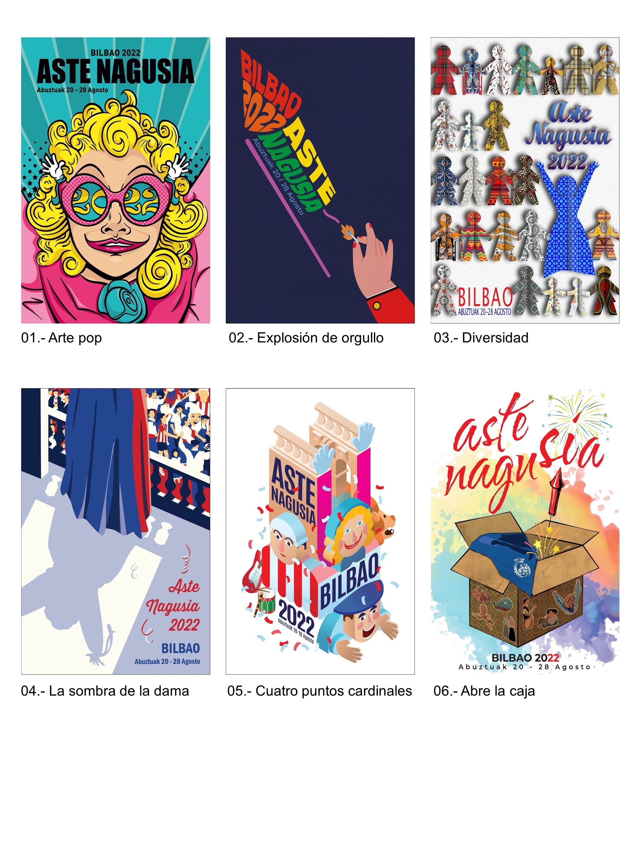 Los carteles finalistas para anunciar la Aste Nagusia 2022. Foto: Ayuntamiento de Bilbao