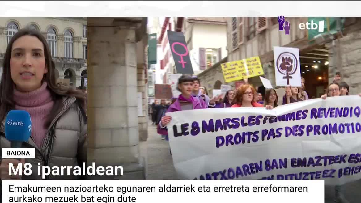 Pentsioen erreformak emakumeei kalte egiten diela salatu dute Ipar Euskal Herrian, M8ko manifestazioetan.