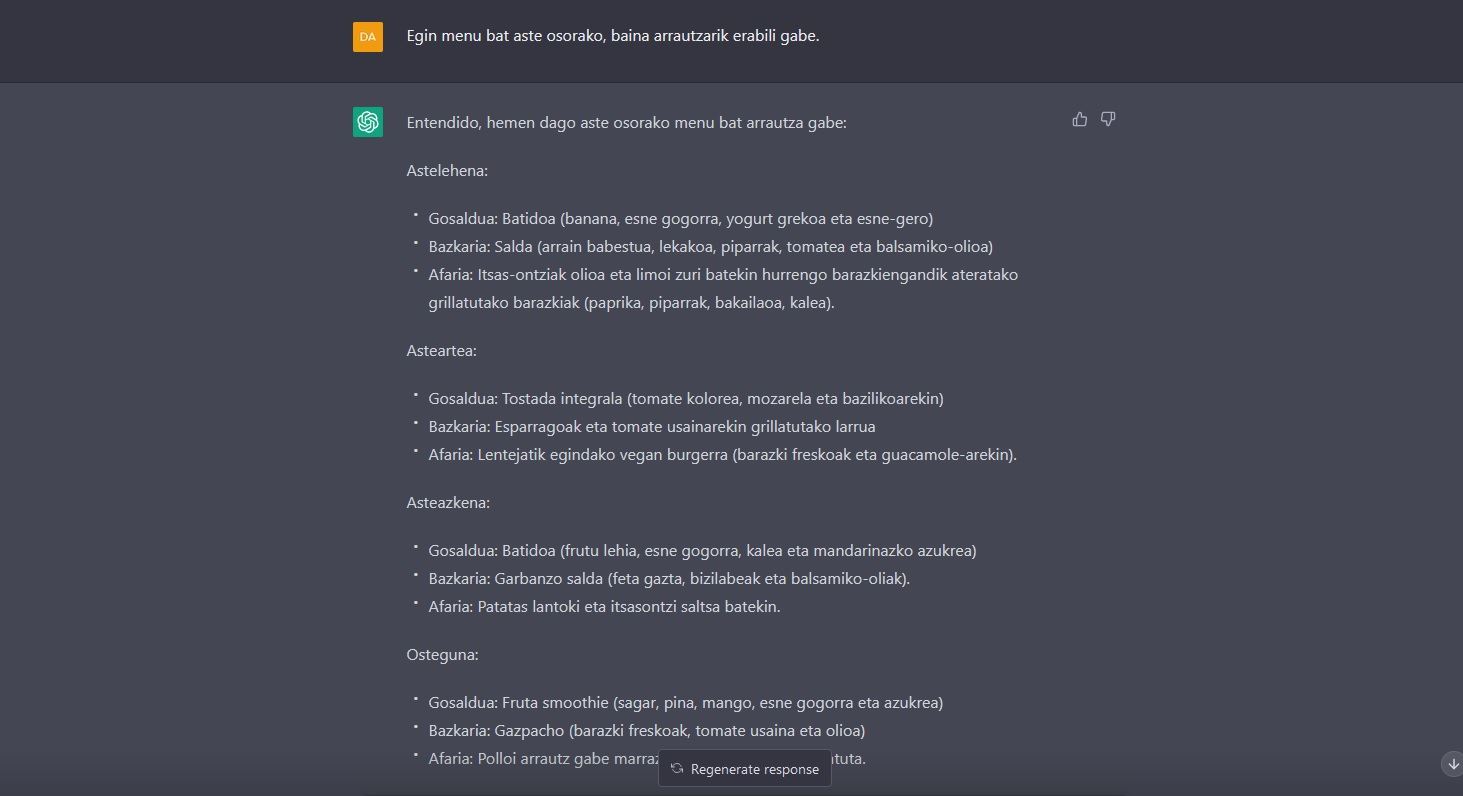 chatGPT menu euskaraz