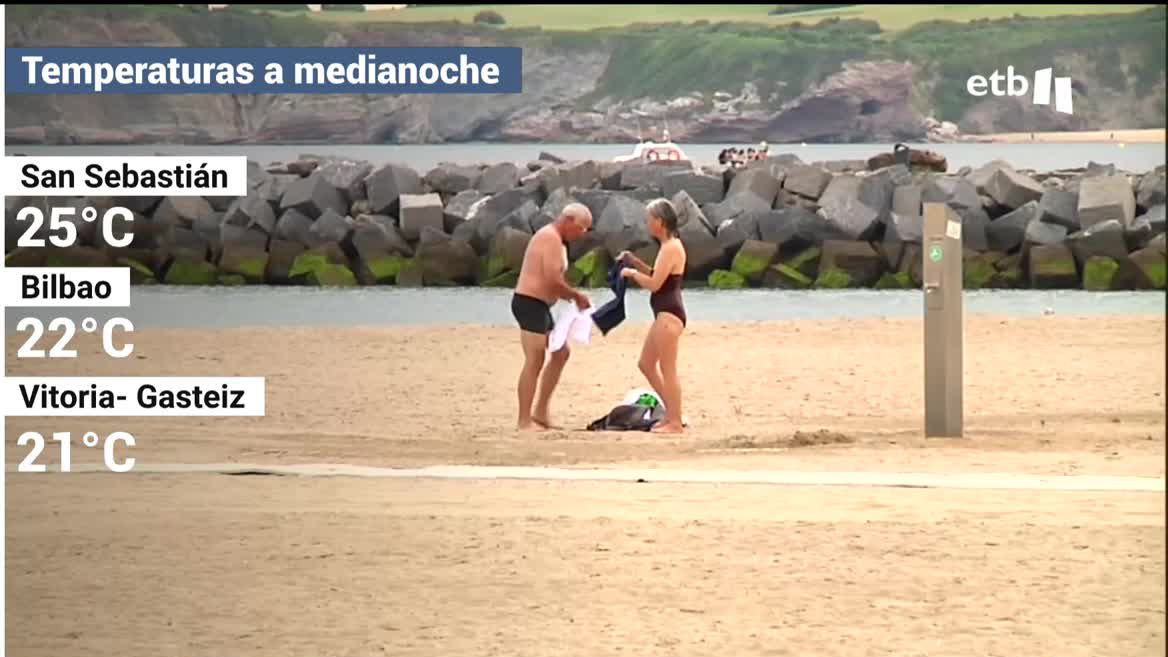 Las temperaturas más cálidas se han medido en la costa guipuzcoana, alcanzando los 26 grados en puntos como Hondarribia. En cuanto a las capitales, a medianoche los donostiarras han alcanzado los 25 grados, se han medido 22 en Bilbao y 21 en Vitoria-Gasteiz.