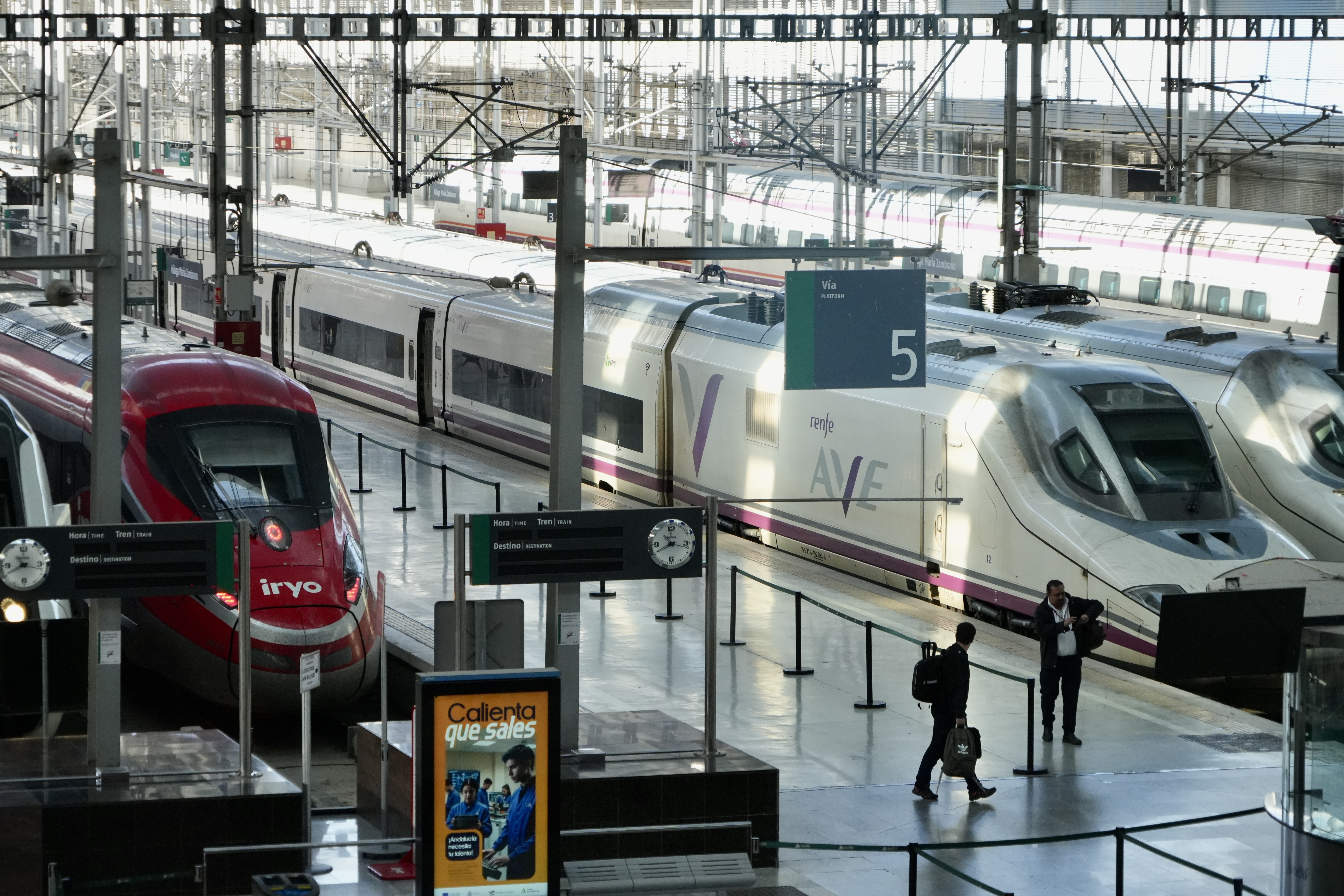 El servicio de alta velocidad parado en la estación de Málaga, María Zambrano, tras el accidente ferroviario ocurrido en Urda (Toledo) que ha obligado a interrumpir la circulación de la línea de alta velocidad Madrid-Andalucía. A 28 de octubre de 2026 en Málaga (Andalucía España). Los primeros indicios del accidente ferroviario entre Mora y Urda (Toledo) ocurrido poco antes de las 9,00 horas de este miércoles apuntan a que un AVE de Renfe podría haber alcanzado a un tren Iryo por detrás, lo que ha causado el descarrilamiento de dos vagones del tren Iryo.



Álex Zea / Europa Press

28/10/2026