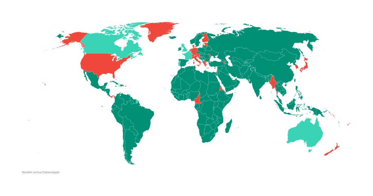 En verde, los países que reconocen a Palestina como estado independiente. Imagen: EITB En verde, los países que reconocen a Palestina como estado independiente. En verde claro, las últimas incorporaciones.
